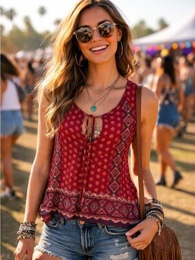 Patrons of Peace NWT size M  Boho Sexy Festival Red Patterned Sleeveless Blouse